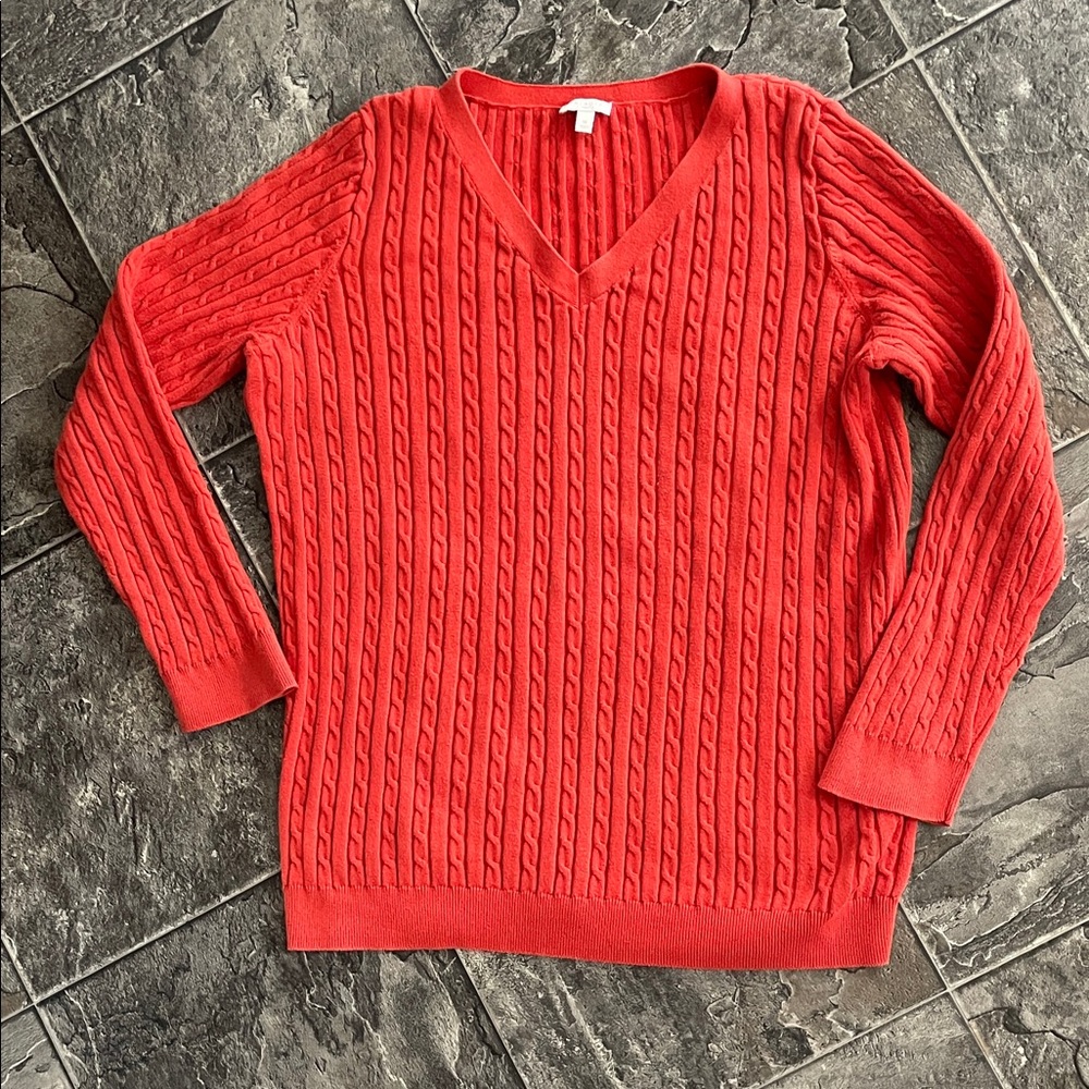 TALBOTS Vibrant Burnt Orange V-Neck Preppy Casual Old-Money Cable Knit Sweater